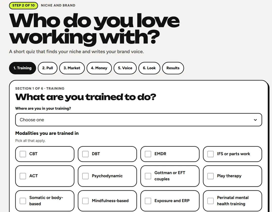 The Brand Studio quiz: 'Who do you love working with?' with a list of modalities to pick from such as CBT, DBT and EMDR.