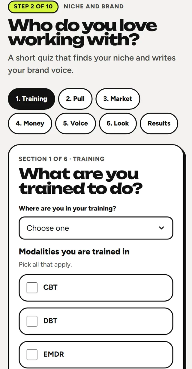 The Brand Studio quiz: 'Who do you love working with?' with a list of modalities to pick from such as CBT, DBT and EMDR.