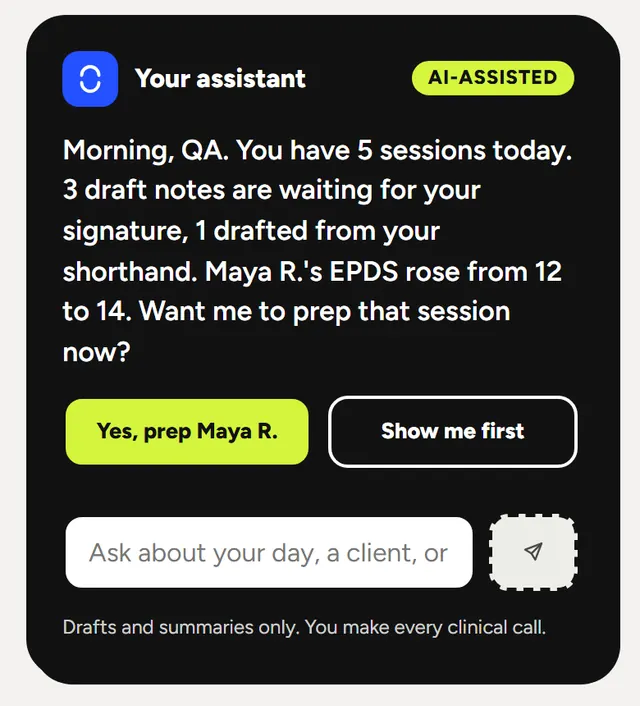 The tasks board under today's sessions: urgent, due today and message cards in color, next to a dark panel with the assistant's morning brief and two reply buttons.