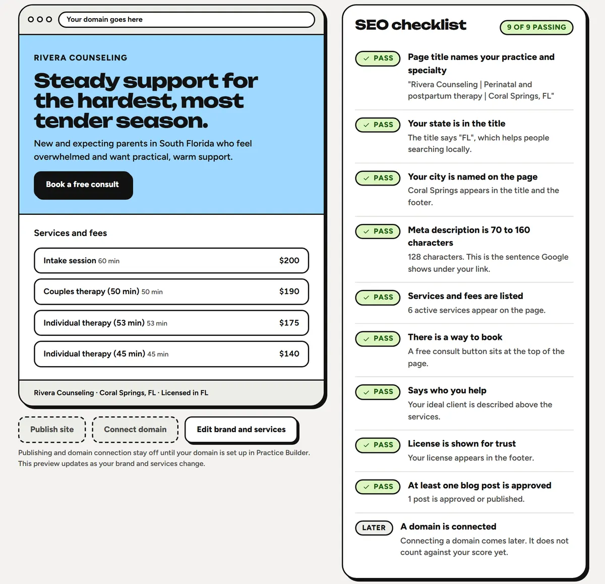 The Grow screen: a preview of a therapist's website with a blue hero and a list of services and fees, beside an SEO checklist where every item passes.